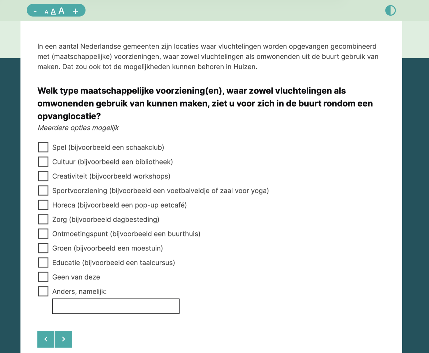 Scherm 7 van de online vragenlijst van de gemeente Huizen, met de vraag welke maatschappelijke voorzieningen inwoners voor zich zien in de buurt rondom een opvanglocatie, gevolgd door een keuzelijst van negen voorzieningen